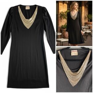 Vintage Carteret B Altman Black Cocktail Dress Silver Metal Mesh 60s 70s